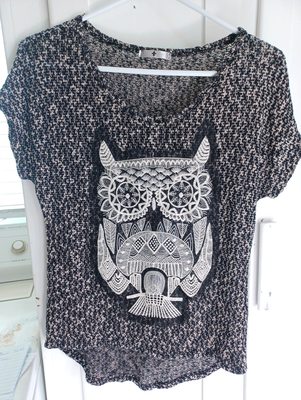 Blu Planet Women’s Owl Lightweight Knit Top Black White Sz M Cap Sleeve